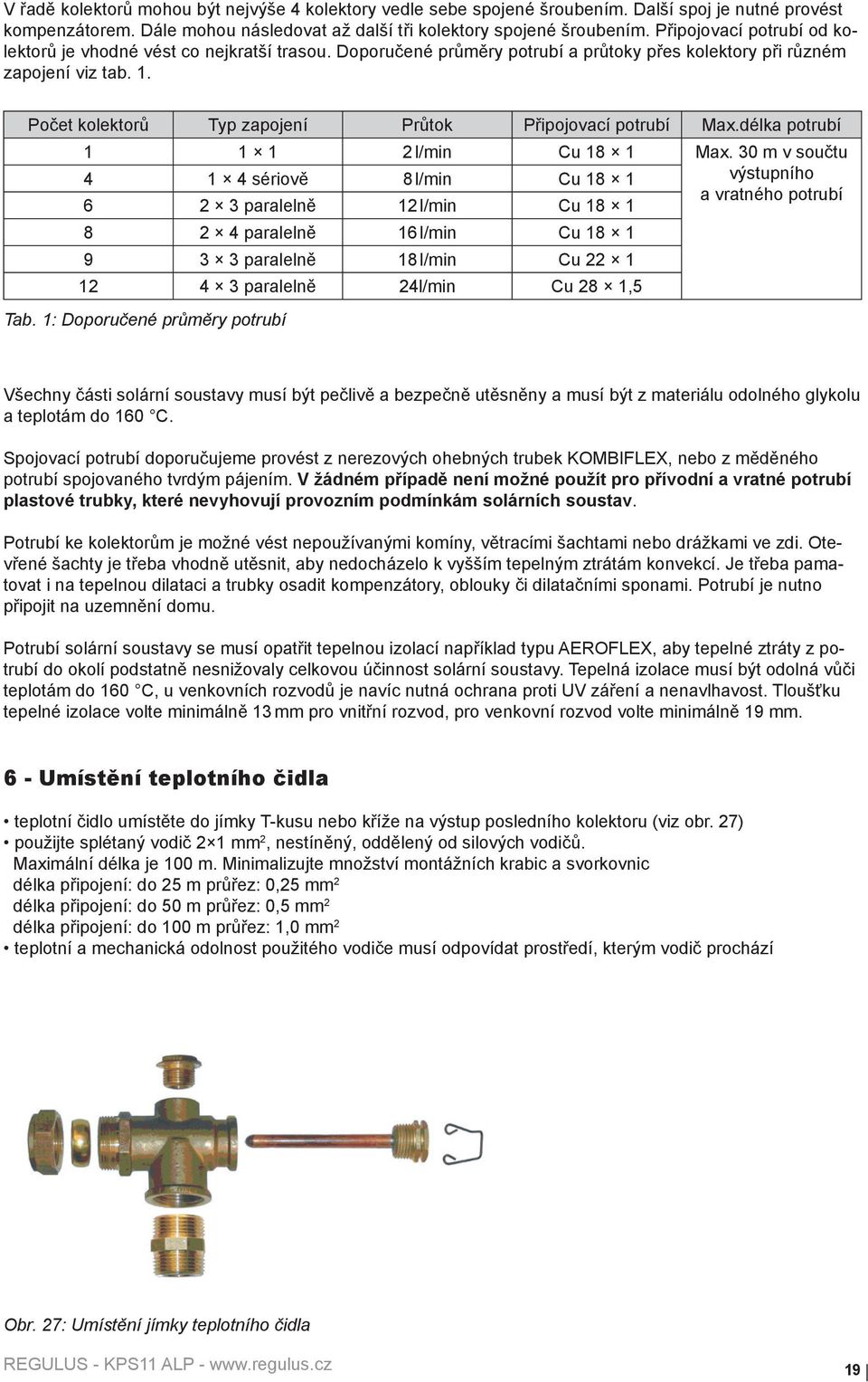 Počet kolektorů Typ zapojení Průtok Připojovací potrubí Max.délka potrubí 1 1 1 2 l/min Cu 18 1 Max.