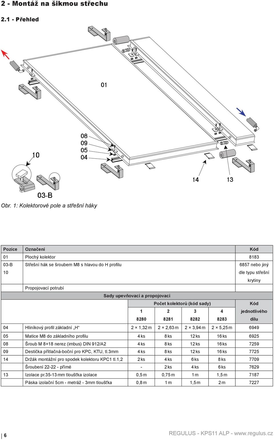 upevňovací a propojovací Počet kolektorů (kód sady) Kód 1 8280 2 8281 3 8282 4 8283 jednotlivého dílu 04 Hliníkový profil základní H 2 1,32 m 2 2,63 m 2 3,94 m 2 5,25 m 6949 05 Matice M8 do