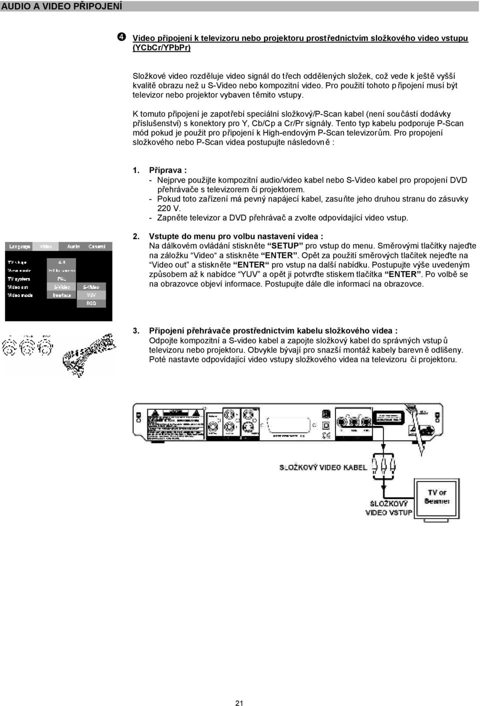 K tomuto připojení je zapotřebí speciální složkový/p-scan kabel (není součástí dodávky příslušenství) s konektory pro Y, Cb/Cp a Cr/Pr signály.