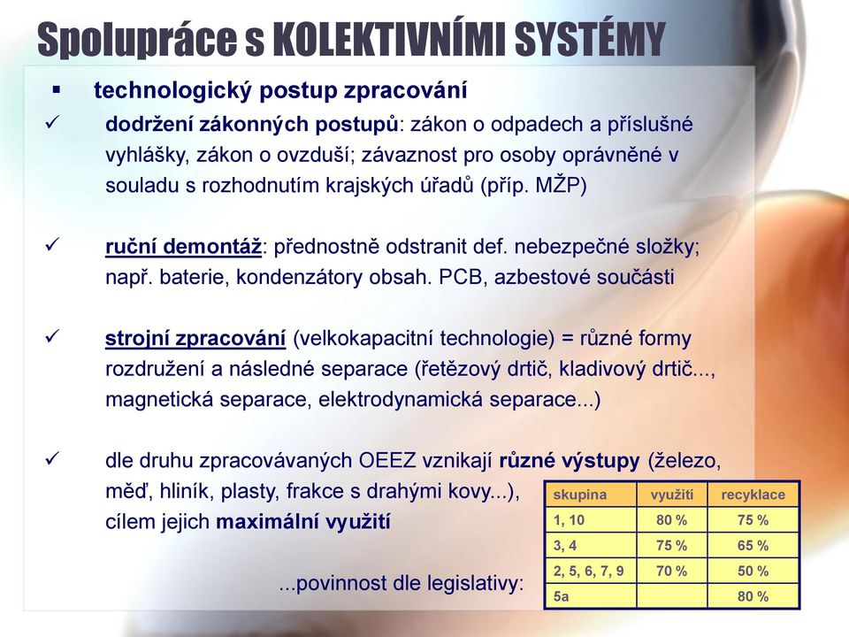 PCB, azbestové součásti strojní zpracování (velkokapacitní technologie) = různé formy rozdružení a následné separace (řetězový drtič, kladivový drtič.