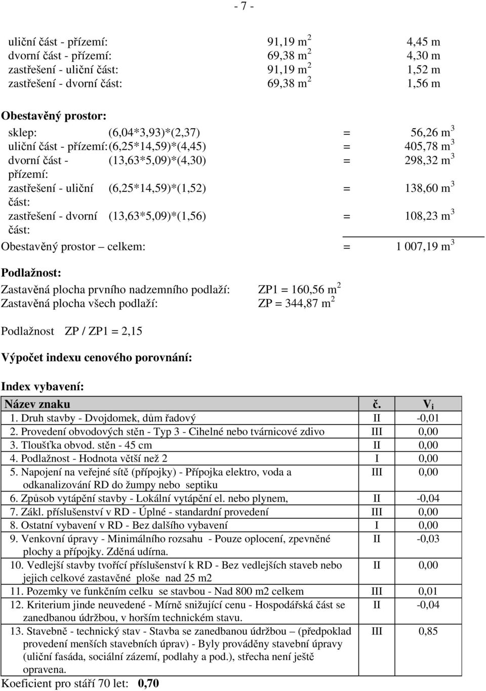 část: zastřešení - dvorní (13,63*5,09)*(1,56) = 108,23 m 3 část: Obestavěný prostor celkem: = 1 007,19 m 3 Podlažnost: Zastavěná plocha prvního nadzemního podlaží: ZP1 = 160,56 m 2 Zastavěná plocha