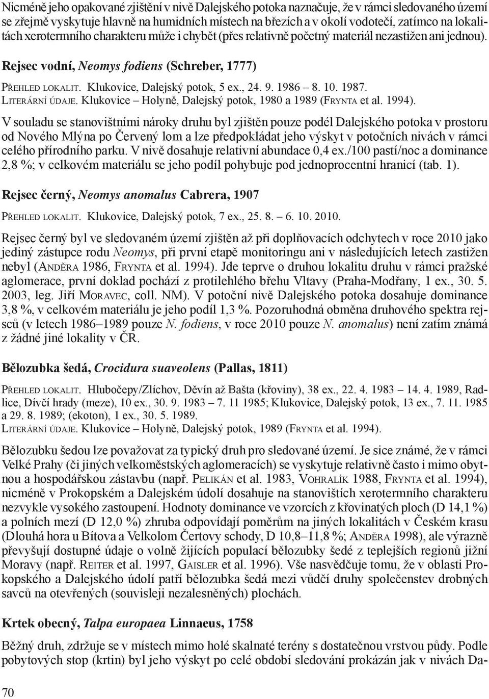 1986 8. 10. 1987. LITERÁRNÍ ÚDAJE. Klukovice Holyně, Dalejský potok, 1980 a 1989 (FRYNTA et al. 1994).