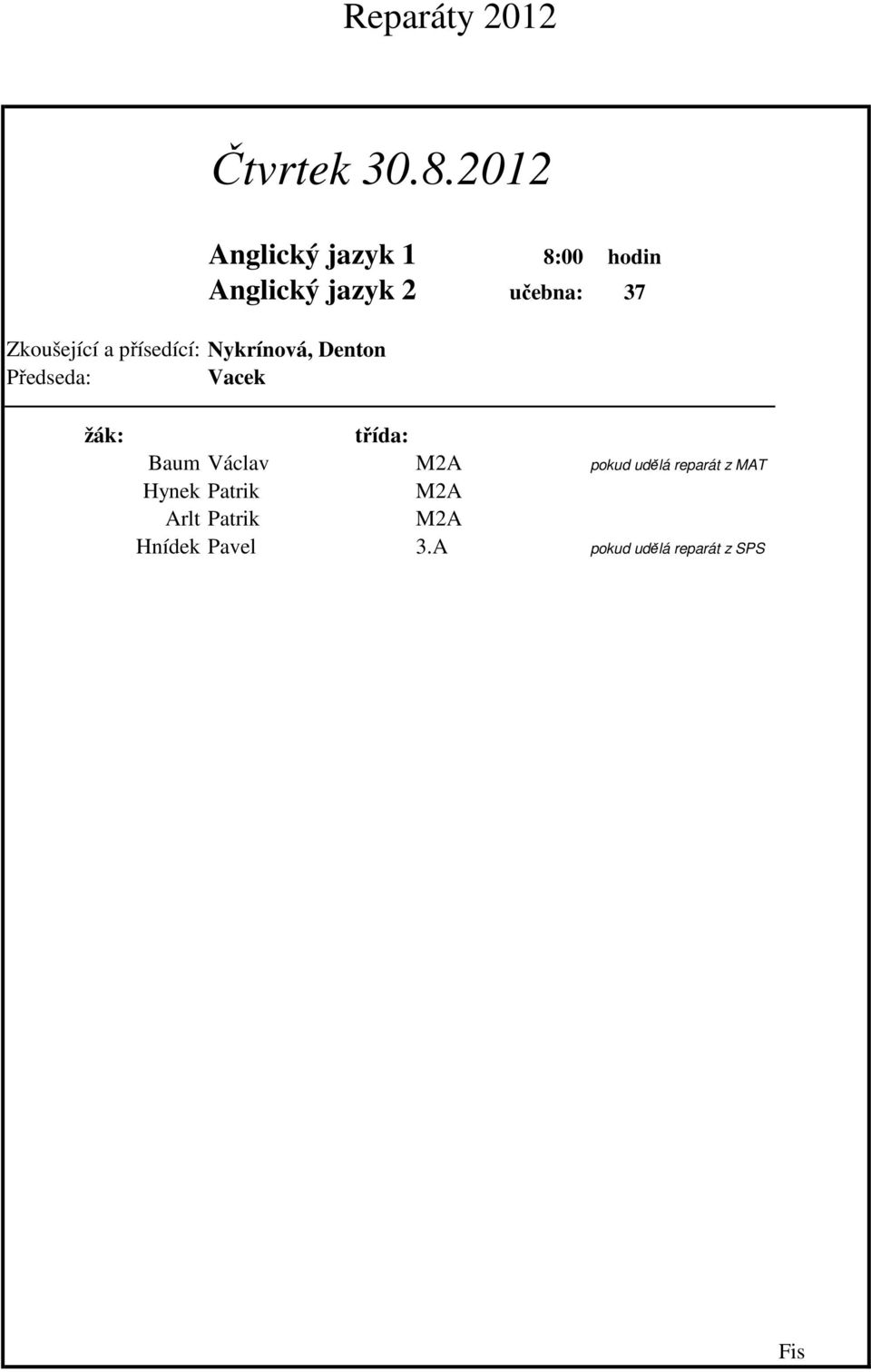 Anglický jazyk 1 8:00 hodin Anglický jazyk 2 učebna: 37