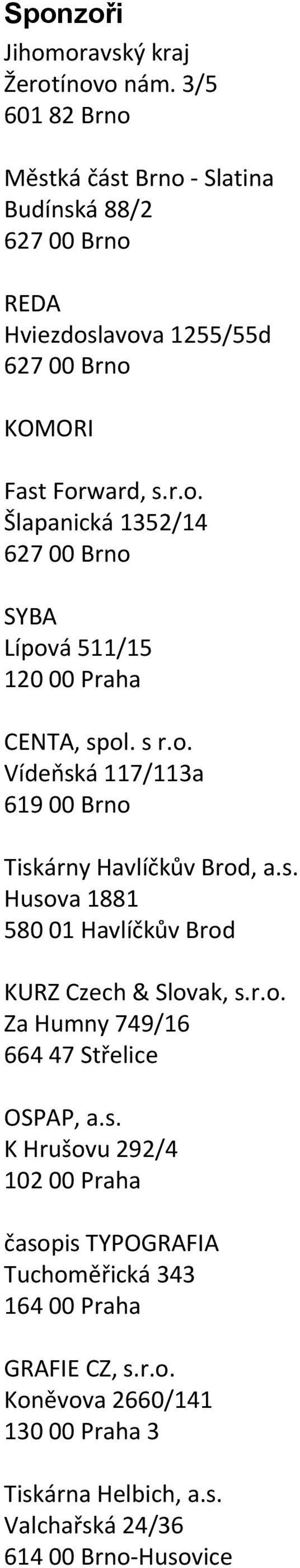 s r.o. Vídeňská 117/113a 619 00 Brno Tiskárny Havlíčkův Brod, a.s. Husova 1881 580 01 Havlíčkův Brod KURZ Czech & Slovak, s.r.o. Za Humny 749/16 664 47 Střelice OSPAP, a.