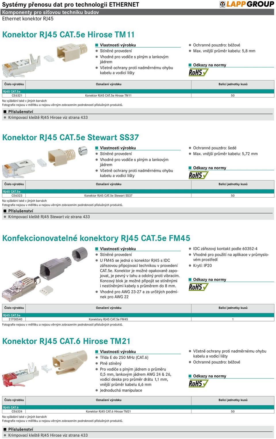 vnější průměr kabelu: 5,8 mm RJ45 CAT.5e CE6321 Konektor RJ45 CAT.5e Hirose TM11 50 Na vyžádání také v jiných barvách Krimpovací kleště RJ45 Hirose viz strana 433 Konektor RJ45 CAT.