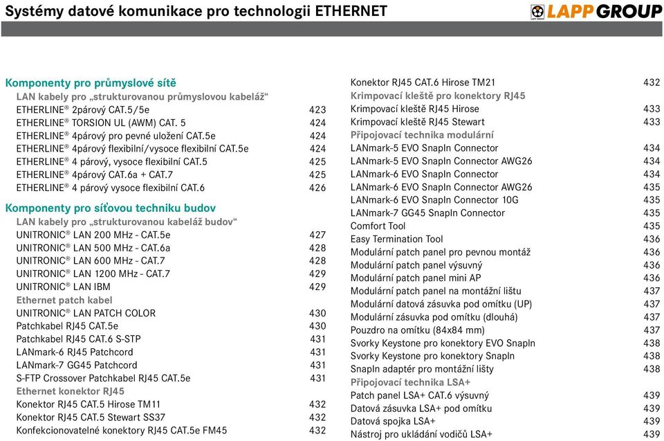 7 425 ETHERLINE 4 párový vysoce flexibilní CAT.6 426 LAN kabely pro strukturovanou kabeláž budov UNITRONIC LAN 200 MHz - CAT.5e 427 UNITRONIC LAN 500 MHz - CAT.6a 428 UNITRONIC LAN 600 MHz - CAT.