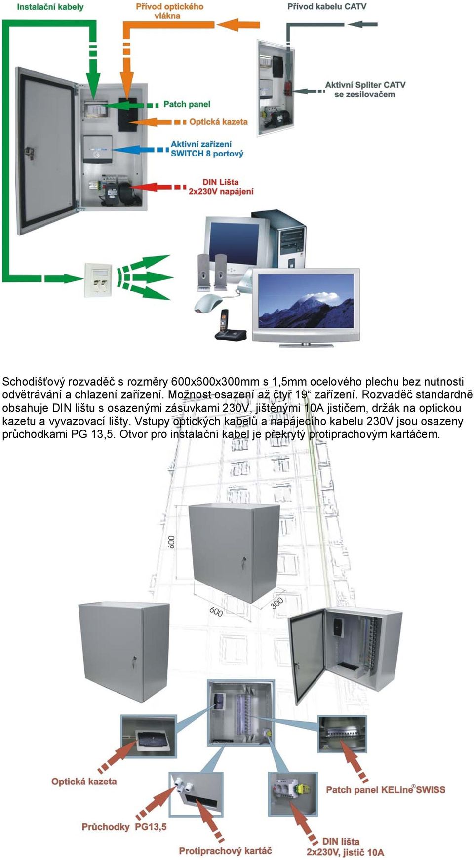 Rozvaděč standardně obsahuje DIN lištu s osazenými zásuvkami 230V, jištěnými 10A jističem, držák na optickou
