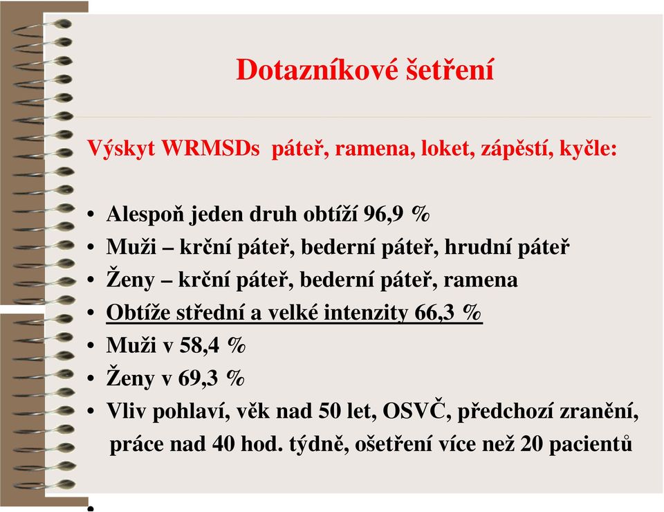 páteř, ramena Obtíže střední a velké intenzity 66,3 % Muži v 58,4 % Ženy v 69,3 % Vliv