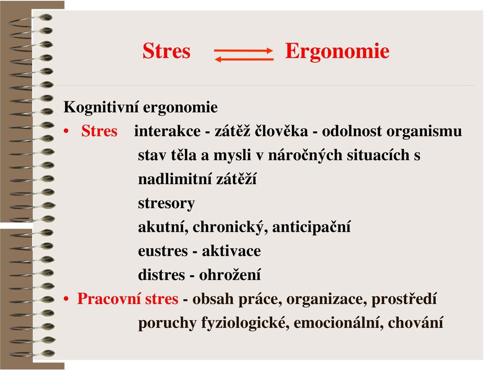 akutní, chronický, anticipační eustres - aktivace distres - ohrožení Pracovní