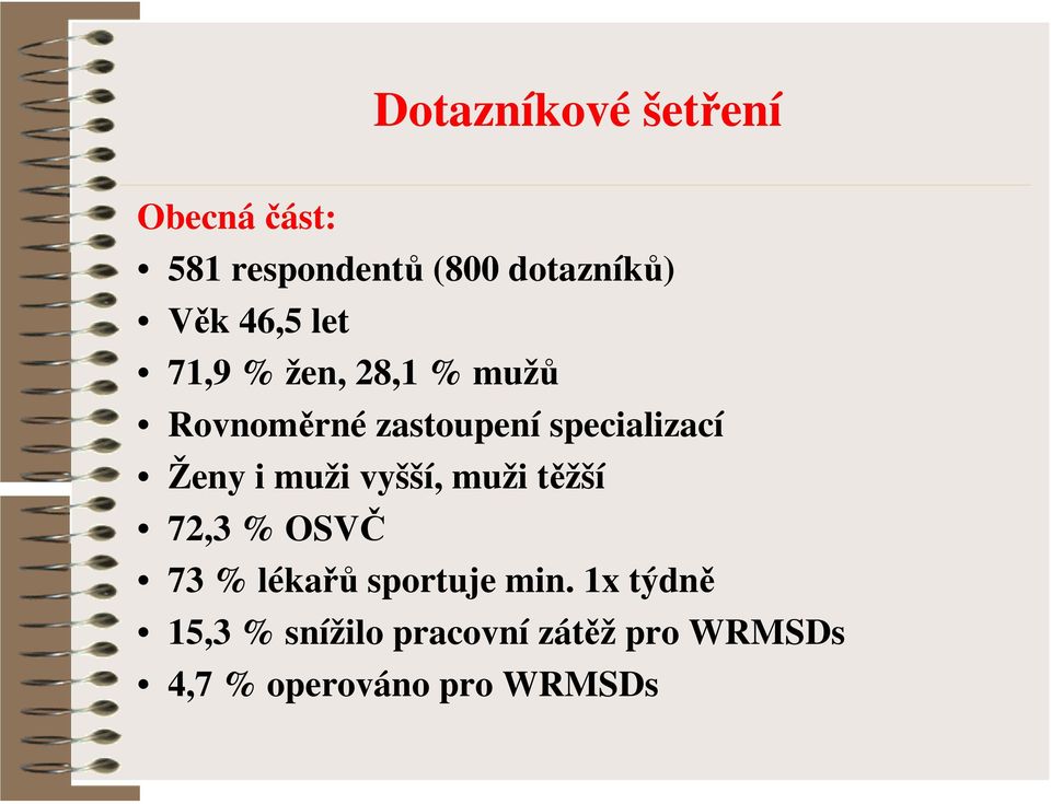 Ženy i muži vyšší, muži těžší 72,3 % OSVČ 73 % lékařů sportuje min.