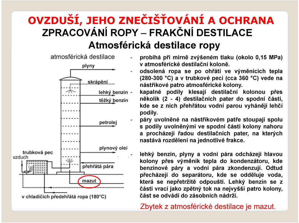 - kapalné podíly klesají destilační kolonou přes několik (2-4) destilačních pater do spodní části, kde se z nich přehřátou vodní parou vyhánějí lehčí podíly.