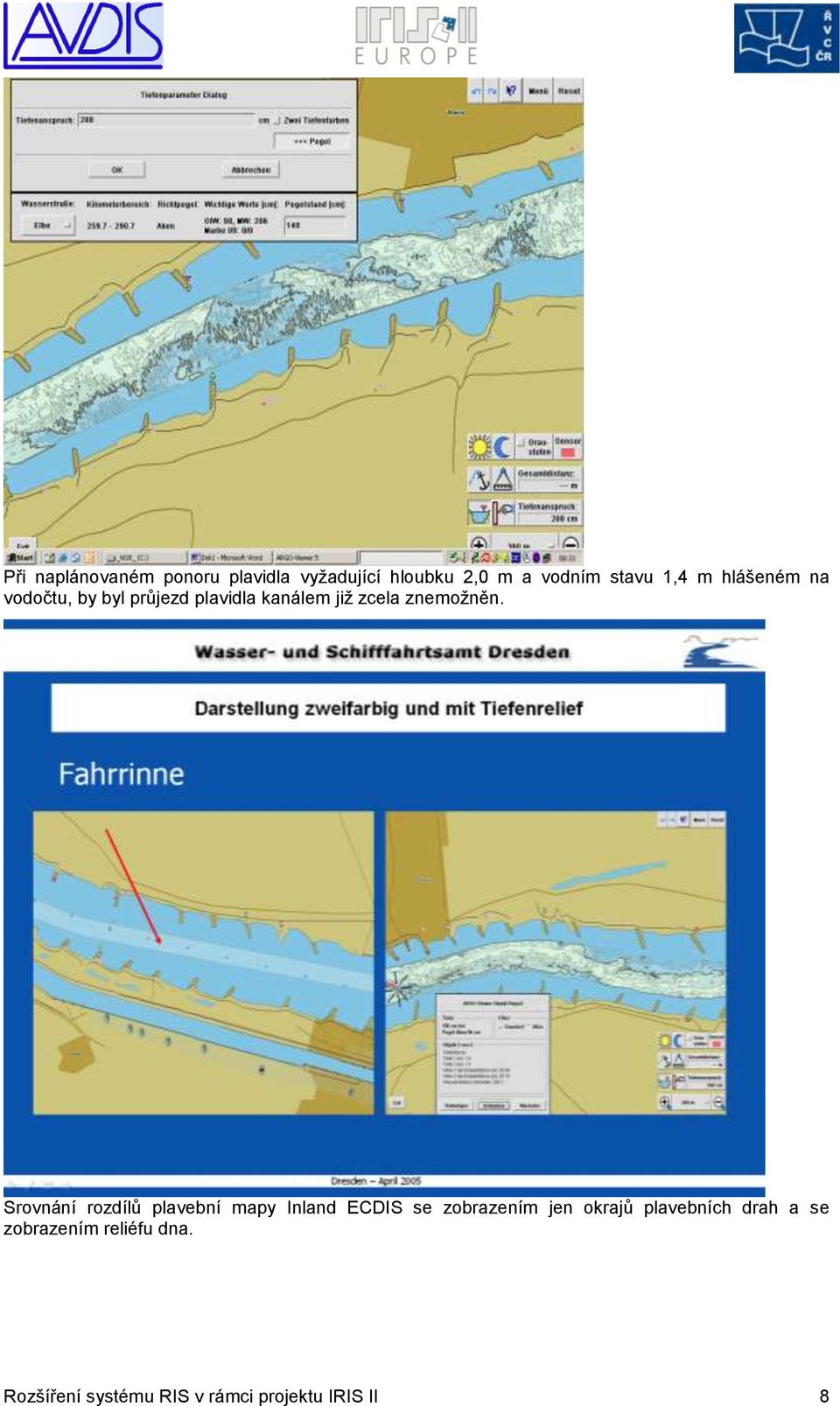 Srovnání rozdílů plavební mapy Inland ECDIS se zobrazením jen okrajů