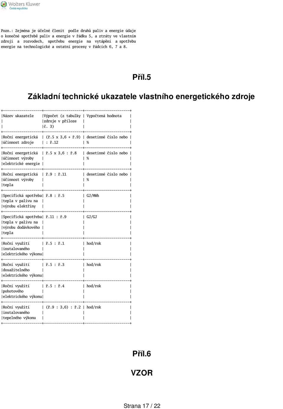 5 Základní technické ukazatele vlastního energetického zdroje +-------------------+-------------------+----------------------+ Název ukazatele Výpočet (z tabulky Vypočtená hodnota zdroje v příloze č.