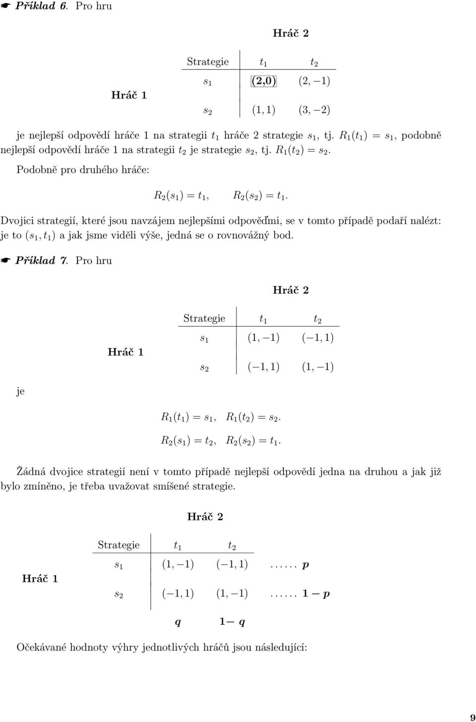 Dvojici strategií, které jsou navzájem nejlepšími odpověďmi, se v tomto případě podaří nalézt: je to (s 1, t 1 ) a jak jsme viděli výše, jedná se o rovnovážný bod. Příklad 7.