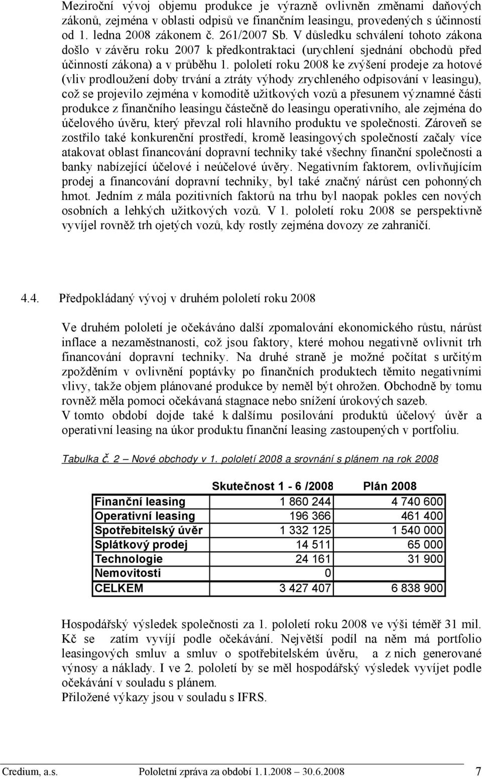 pololetí roku 2008 ke zvýšení prodeje za hotové (vliv prodloužení doby trvání a ztráty výhody zrychleného odpisování v leasingu), což se projevilo zejména v komoditě užitkových vozů a přesunem