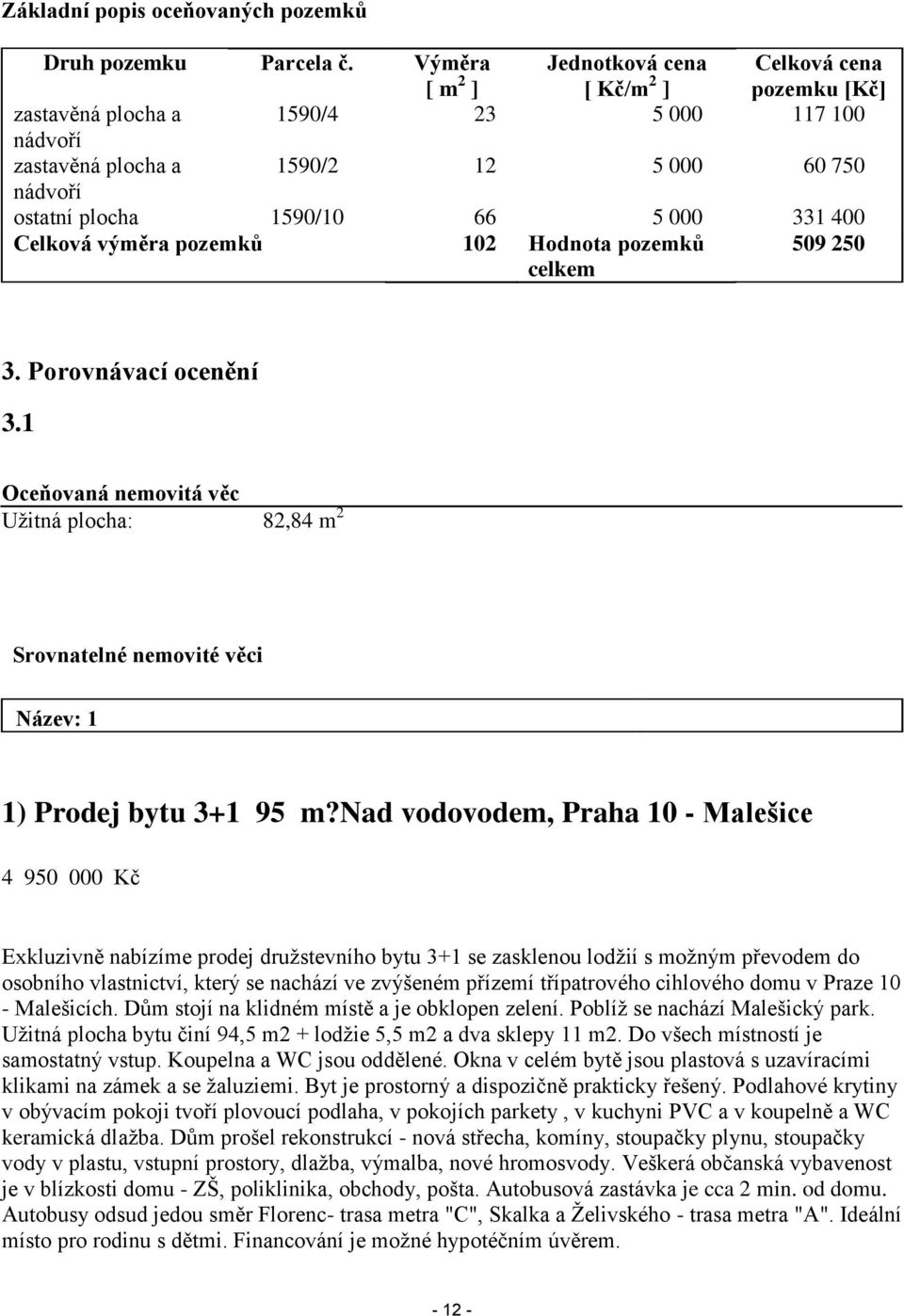 000 331 400 Celková výměra pozemků 102 Hodnota pozemků celkem 509 250 3. Porovnávací ocenění 3.