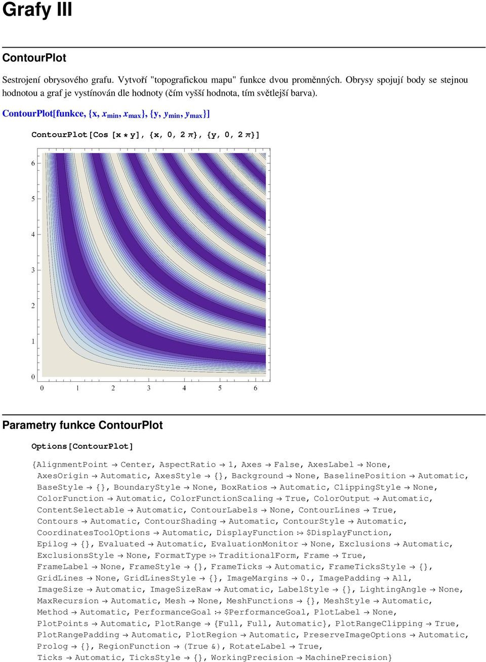 ContourPlot[funkce, {x, x min, x max }, {y, y min, y max }] ContourPlot@Cos @x yd, 8x, 0, 2 π<, 8y, 0, 2 π<d Parametry funkce ContourPlot Options@ContourPlotD 8AlignmentPoint Center, AspectRatio 1,