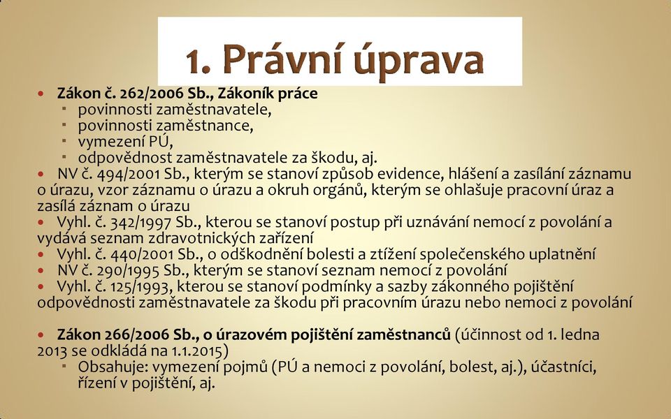 , kterou se stanoví postup při uznávání nemocí z povolání a vydává seznam zdravotnických zařízení Vyhl. č. 440/2001 Sb., o odškodnění bolesti a ztížení společenského uplatnění NV č. 290/1995 Sb.