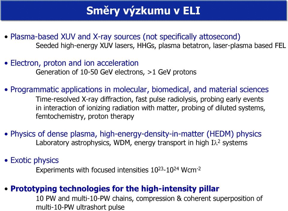 events in interaction of ionizing radiation with matter, probing of diluted systems, femtochemistry, proton therapy Physics of dense plasma, high-energy-density-in-matter (HEDM) physics Laboratory