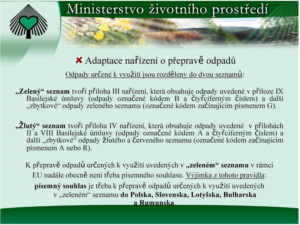 Žlutý seznam tvoří příloha IV nařízení, která obsahuje odpady uvedené v přílohách II a VIII Basilejské úmluvy (odpady označené kódem A a čtyřciferným číslem) a další zbytkové odpady žlutého a