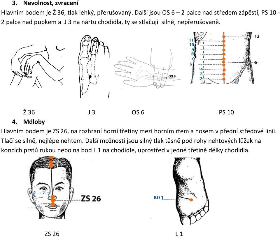 Ž 36 J 3 OS 6 PS 10 4. Mdloby Hlavním bodem je ZS 26, na rozhraní horní třetiny mezi horním rtem a nosem v přední středové linii.