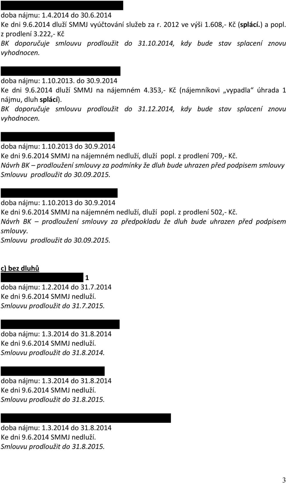 353,- Kč (nájemníkovi vypadla úhrada 1 nájmu, dluh splácí). BK doporučuje smlouvu prodloužit do 31.12.2014, kdy bude stav splacení znovu Zahrada 2000, Na Mýtince 32, č.b. 1 Ke dni 9.6.