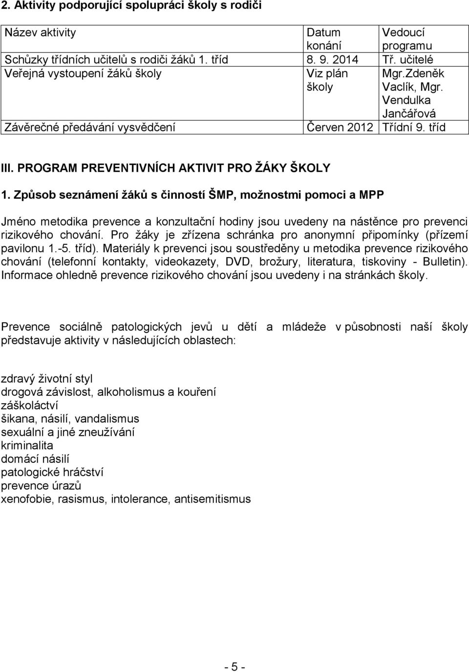 PROGRAM PREVENTIVNÍCH AKTIVIT PRO ŢÁKY ŠKOLY 1.