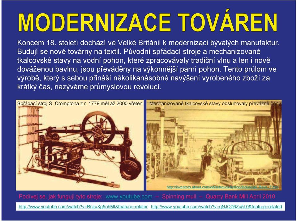 Tento prlom ve výrob, který s sebou pináší nkolikanásobné navýšení vyrobeného zboží za krátký as, nazýváme prmyslovou revolucí. Spádací stroj S. Cromptona z r. 1779 ml až 2000 veten.