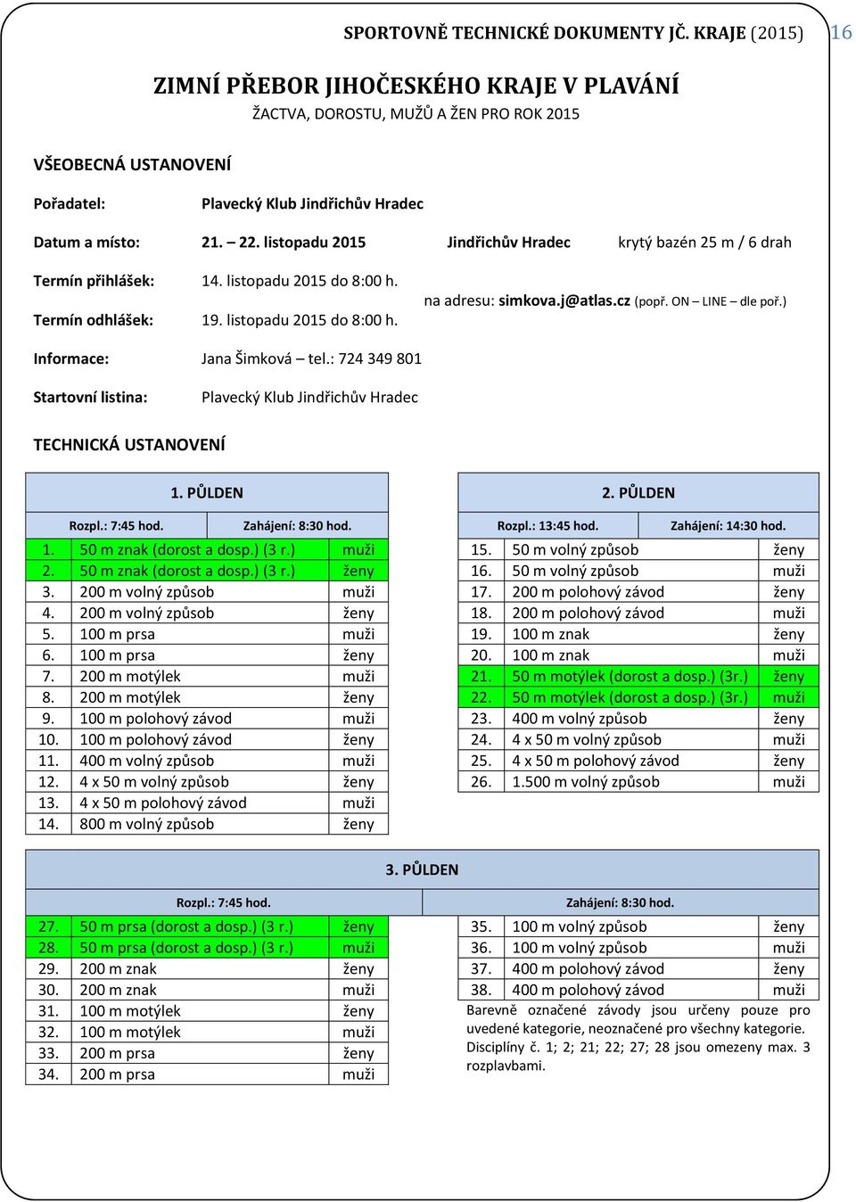 listopadu 2015 Jindřichův Hradec krytý bazén 25 m / 6 drah Termín přihlášek: 14. listopadu 2015 do 8:00 h. Termín odhlášek: 19. listopadu 2015 do 8:00 h. na adresu: simkova.j@atlas.cz (popř.