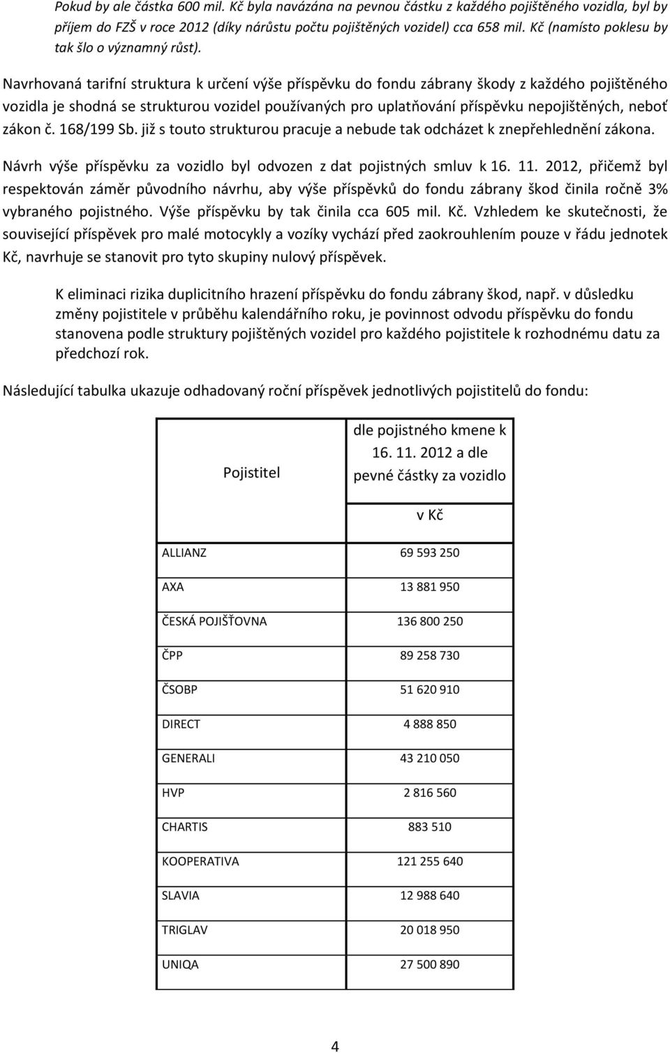 Navrhovaná tarifní struktura k určení výše příspěvku do fondu zábrany škody z každého pojištěného vozidla je shodná se strukturou vozidel používaných pro uplatňování příspěvku nepojištěných, neboť