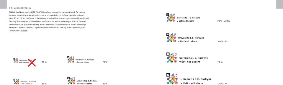 Další doporučené velikosti značky pro nejčastěji používané formáty tiskovin jsou: 120% velikost pro formát A4 a 90% velikost pro vizitky.