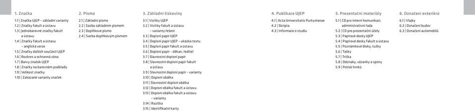 9 Velikost značky 1.10 Zakázané varianty značek 2.1 Základní písmo 2.2 Sazba základním písmem 2.3 Doplňkové písmo 2.4 Sazba doplňkovým písmem 3.1 Vizitky UJEP 3.