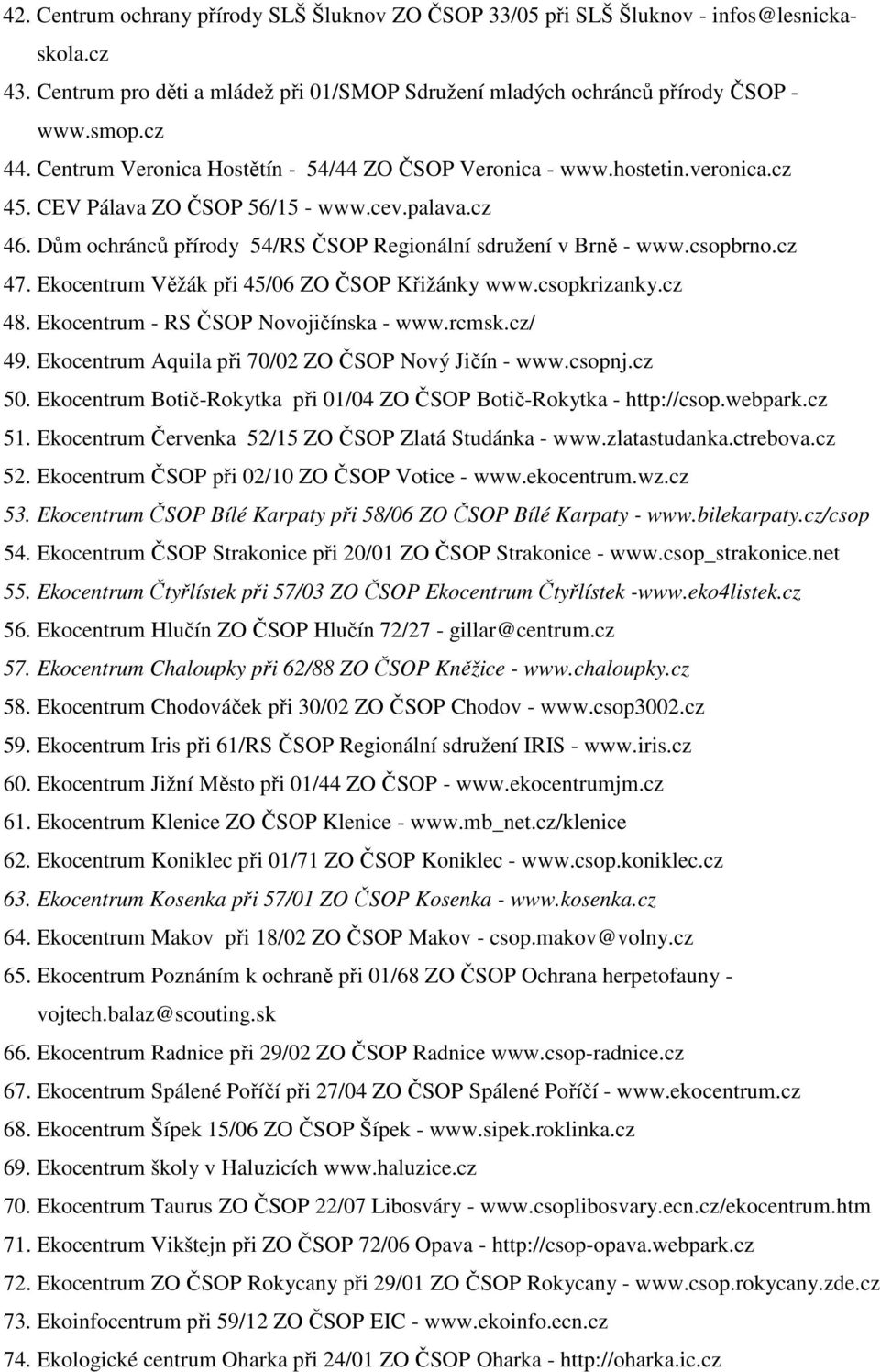 csopbrno.cz 47. Ekocentrum Věžák při 45/06 ZO ČSOP Křižánky www.csopkrizanky.cz 48. Ekocentrum - RS ČSOP Novojičínska - www.rcmsk.cz/ 49. Ekocentrum Aquila při 70/02 ZO ČSOP Nový Jičín - www.csopnj.