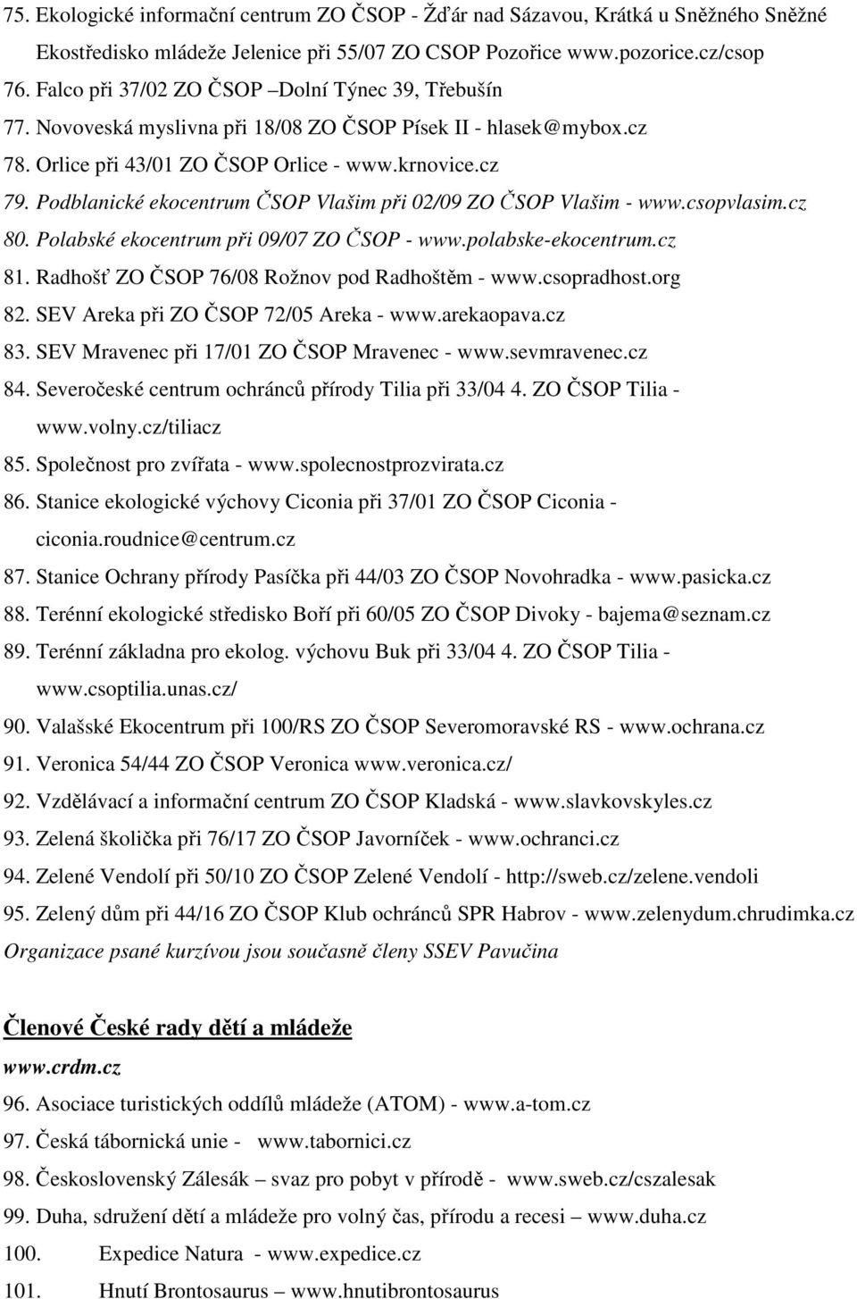 Podblanické ekocentrum ČSOP Vlašim při 02/09 ZO ČSOP Vlašim - www.csopvlasim.cz 80. Polabské ekocentrum při 09/07 ZO ČSOP - www.polabske-ekocentrum.cz 81.