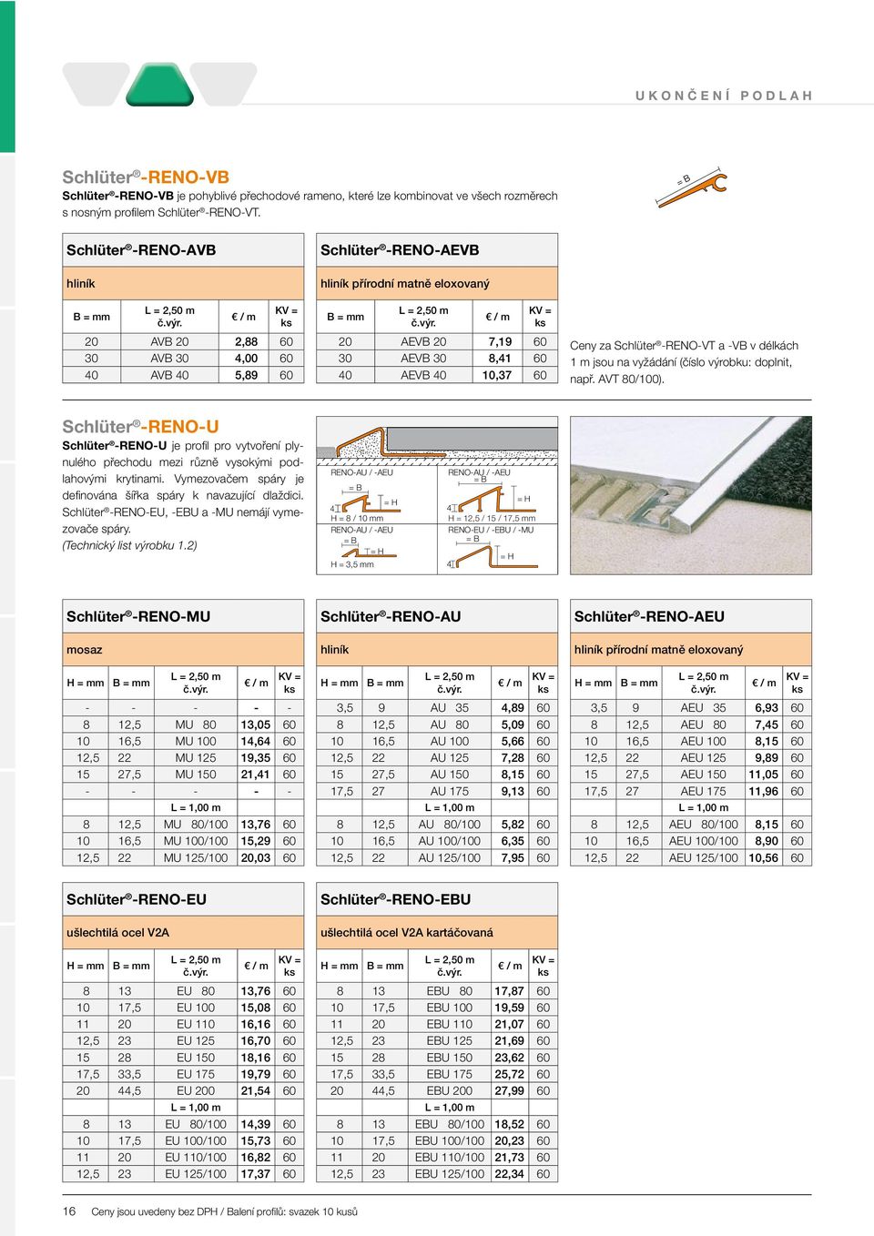 10,37 60 Ceny za Schlüter -RENO-VT a -VB v délkách 1 m jsou na vyžádání (číslo výrobku: doplnit, např. AVT 80/100).