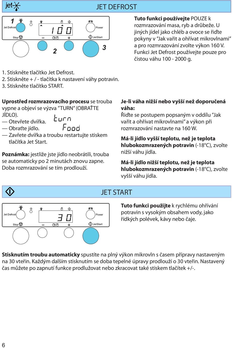 2. Stiskněte + / - tlačítka k nastavení váhy potravin. 3. Stiskněte tlačítko START. Uprostřed rozmrazovacího procesu se trouba vypne a objeví se výzva TURN (OBRAŤTE JÍDLO). Otevřete dvířka.