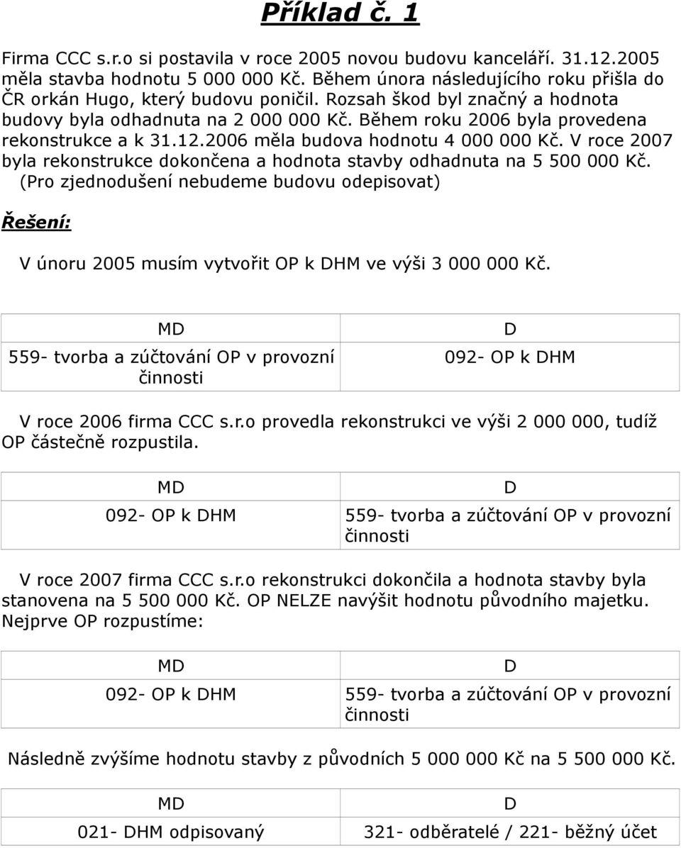 V roce 2007 byla rekonstrukce dokončena a hodnota stavby odhadnuta na 5 500 000 Kč. (Pro zjednodušení nebudeme budovu odepisovat) Řešení: V únoru 2005 musím vytvořit OP k HM ve výši 3 000 000 Kč.