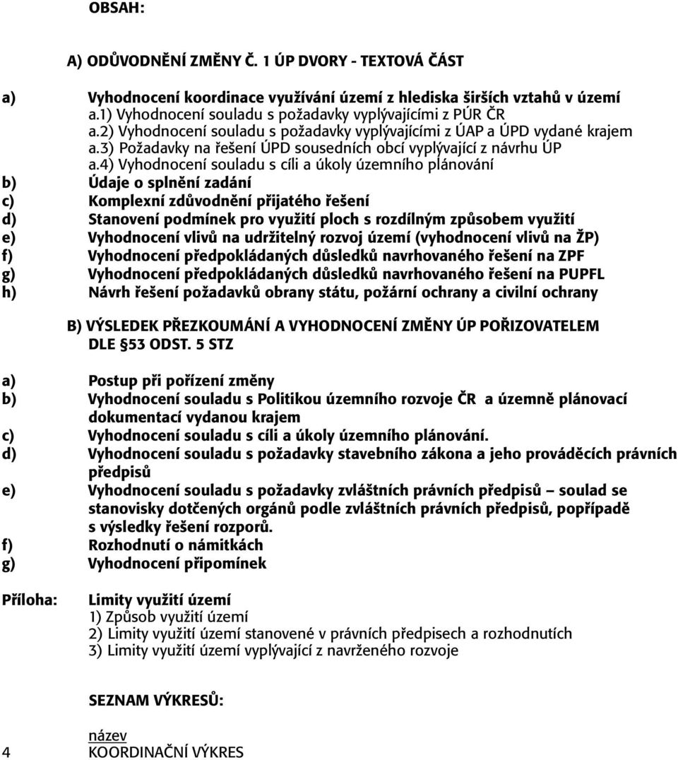 4) Vyhodnocení souladu s cíli a úkoly územního plánování b) Údaje o splnění zadání c) Komplexní zdůvodnění přijatého řešení d) Stanovení podmínek pro využití ploch s rozdílným způsobem využití e)