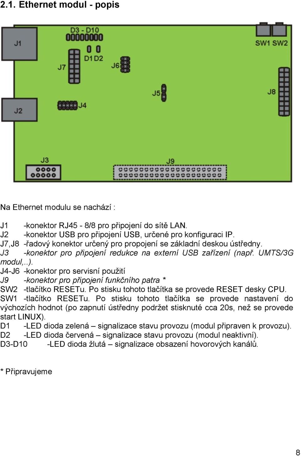 J4-J6 -konektor pro servisní použití J9 -konektor pro připojení funkčního patra * SW2 -tlačítko RESETu. Po stisku tohoto tlačítka se provede RESET desky CPU. SW1 -tlačítko RESETu.