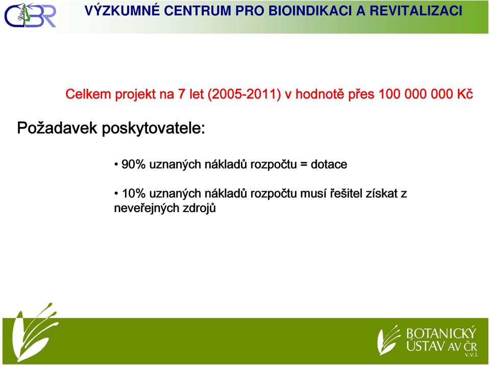 Požadavek poskytovatele: 90% uznaných nákladů rozpočtu =