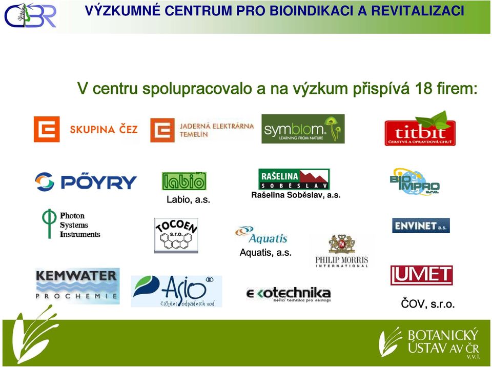na výzkum přispívá 18 firem: Labio, a.s. Rašelina Soběslav, a.