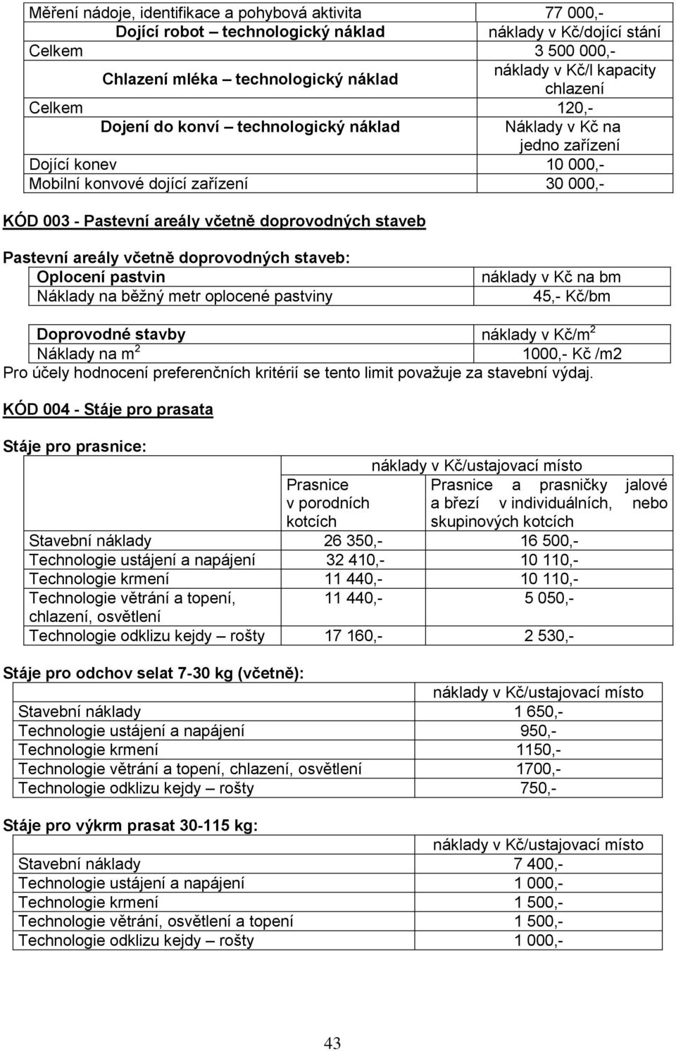 staveb Pastevní areály včetně doprovodných staveb: Oplocení pastvin Náklady na běžný metr oplocené pastviny náklady v Kč na bm 45,- Kč/bm Doprovodné stavby náklady v Kč/m 2 Náklady na m 2 1000,- Kč