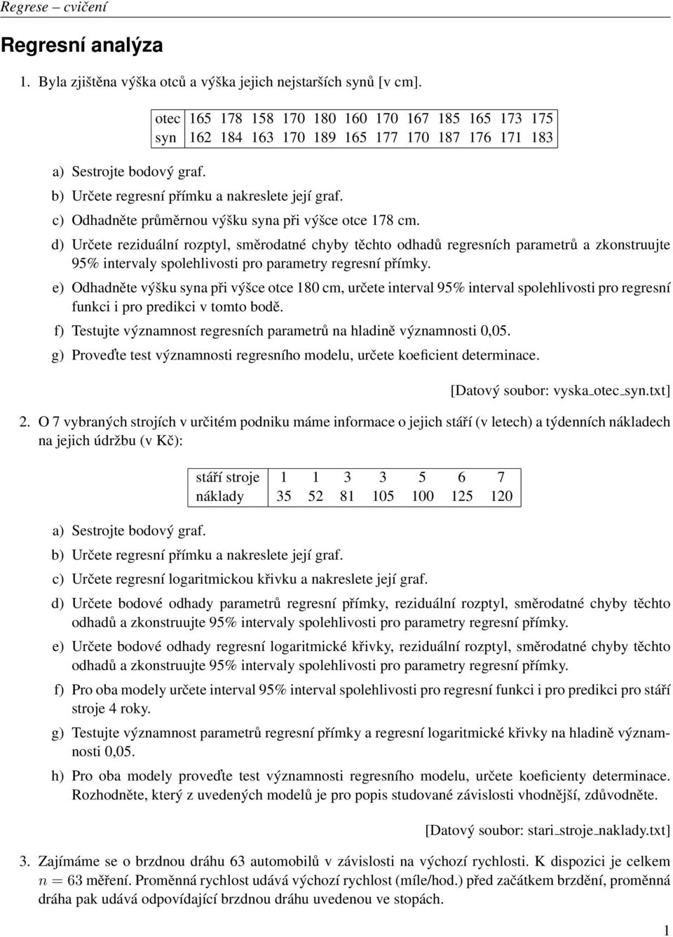 d) Určete reziduální rozptyl, směrodatné chyby těchto odhadů regresních parametrů a zkonstruujte 95% intervaly spolehlivosti pro parametry regresní přímky.