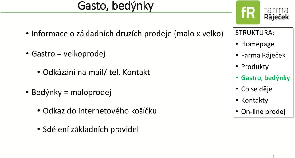 Kontakt Bedýnky = maloprodej Odkaz do internetového košíčku STRUKTURA: