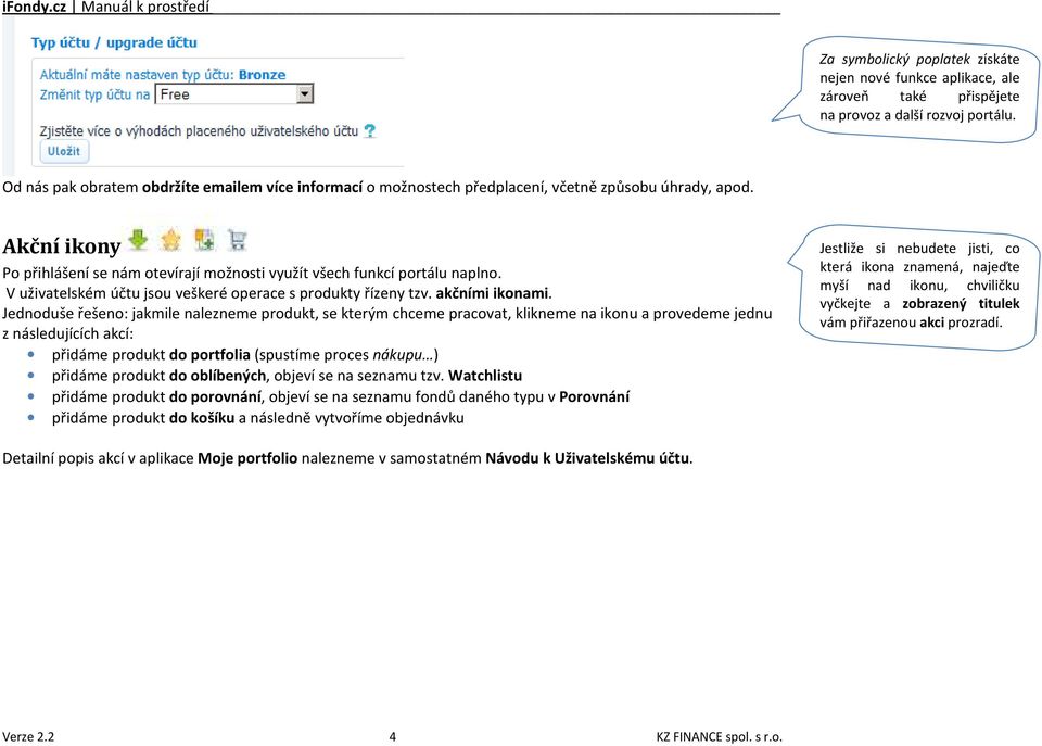 V uživatelském účtu jsou veškeré operace s produkty řízeny tzv. akčními ikonami.