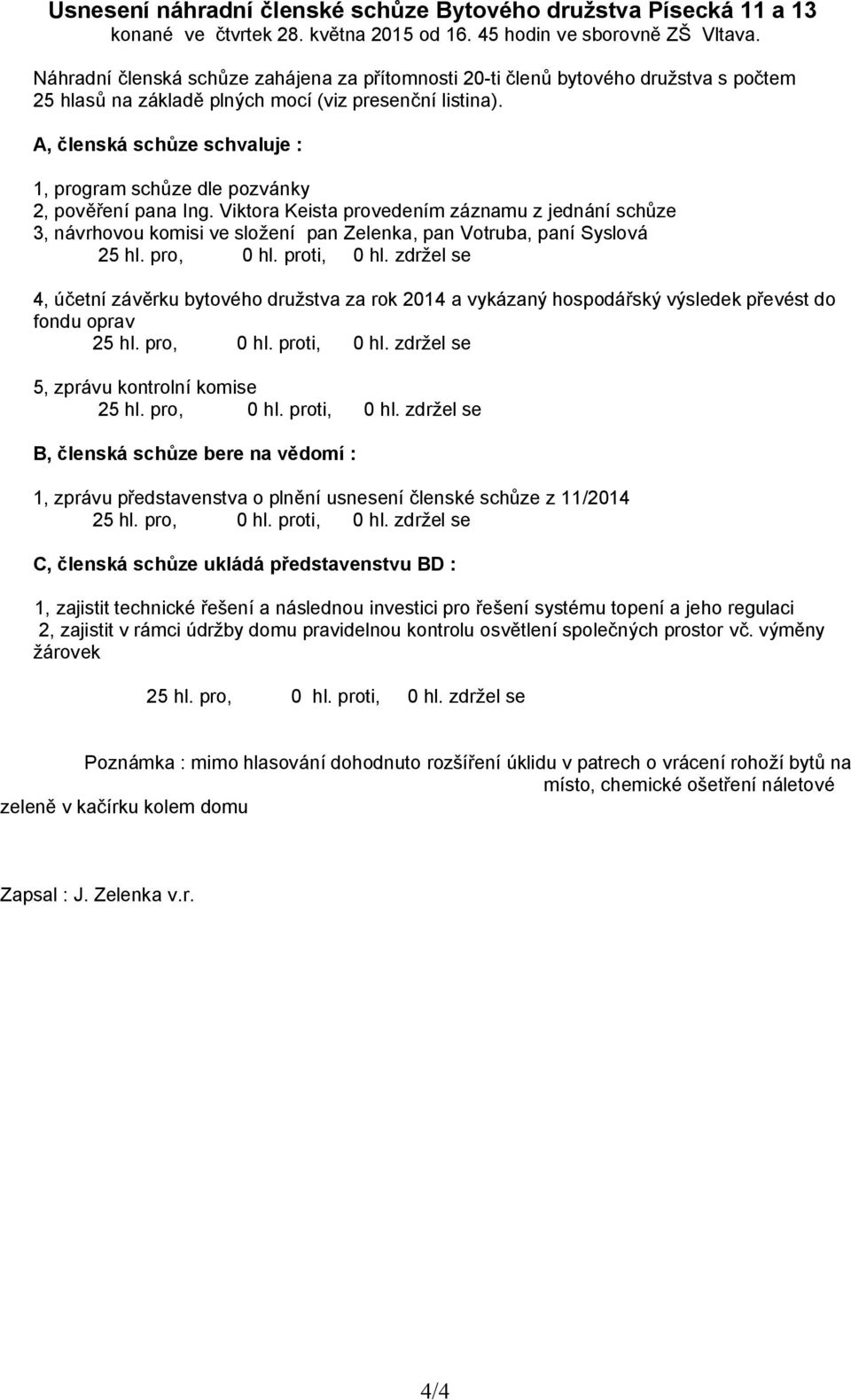 A, členská schůze schvaluje : 1, program schůze dle pozvánky 2, pověření pana Ing.