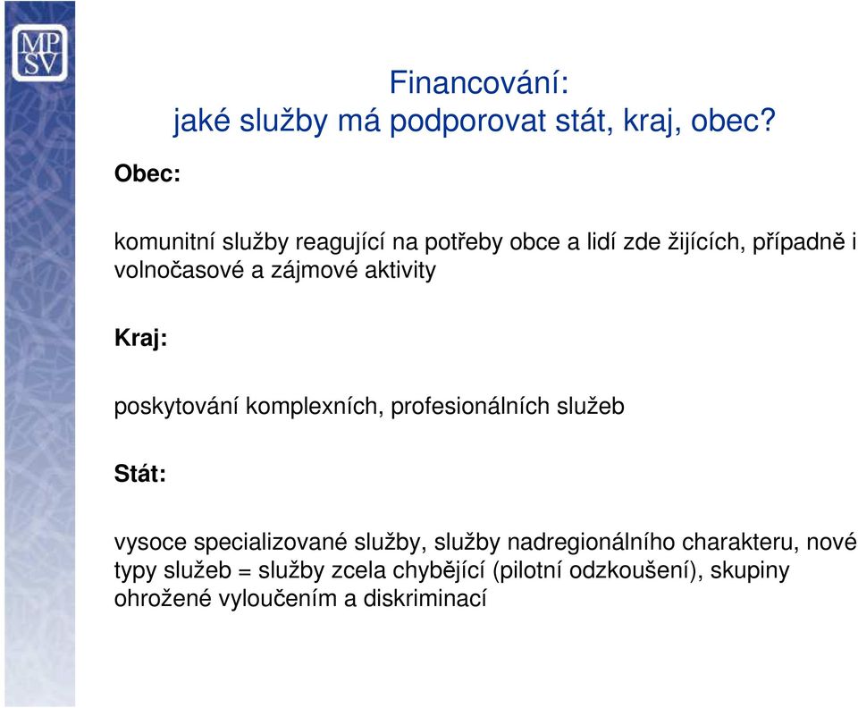 aktivity Kraj: poskytování komplexních, profesionálních služeb Stát: vysoce specializované služby,