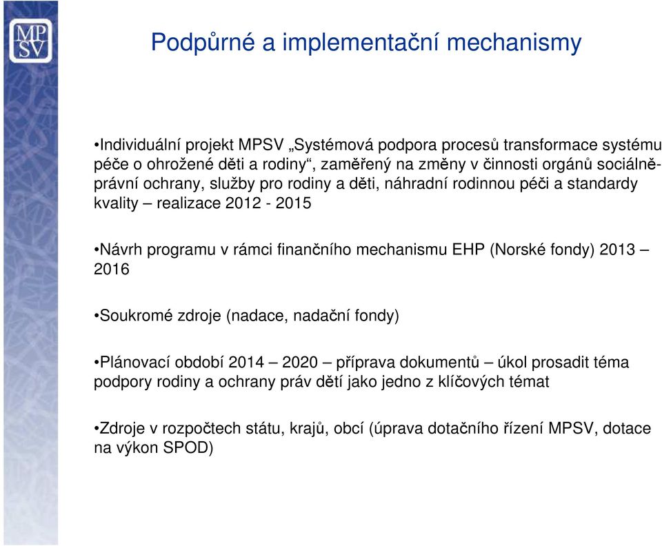 rámci finančního mechanismu EHP (Norské fondy) 2013 2016 Soukromé zdroje (nadace, nadační fondy) Plánovací období 2014 2020 příprava dokumentů úkol