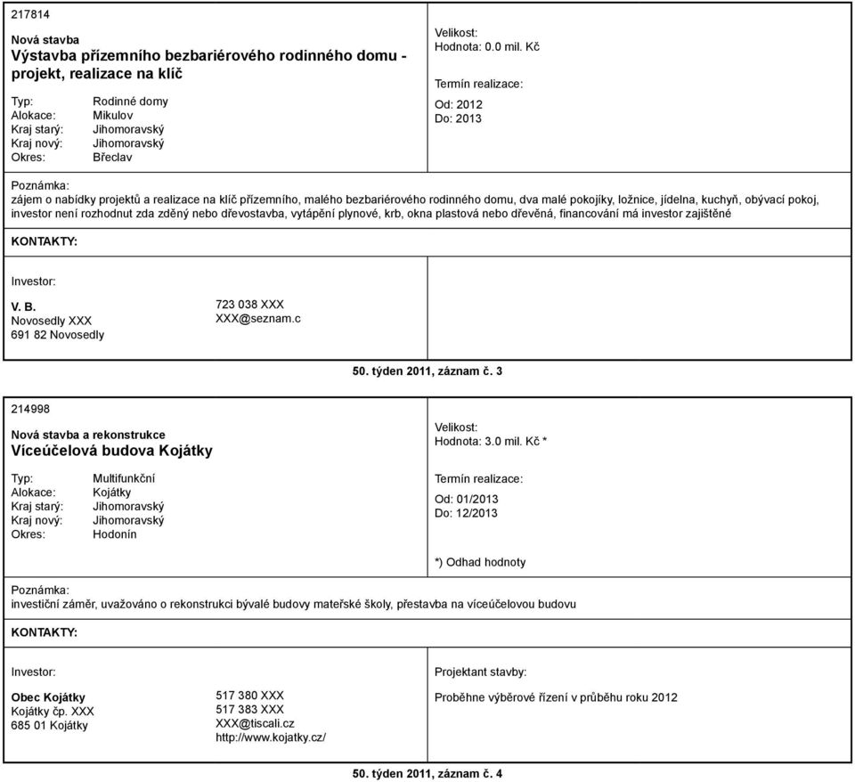 zda zděný nebo dřevostavba, vytápění plynové, krb, okna plastová nebo dřevěná, financování má investor zajištěné V. B. Novosedly 691 82 Novosedly 723 038 @seznam.c 50. týden 2011, záznam č.