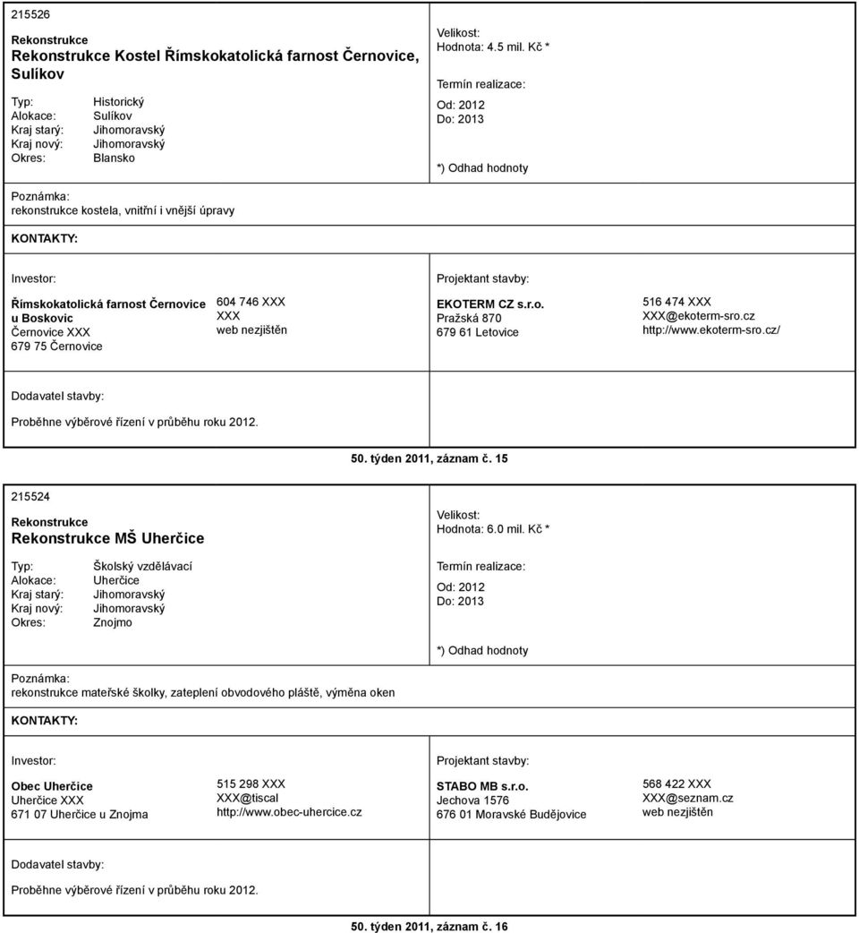 cz http://www.ekoterm-sro.cz/ Proběhne výběrové řízení v průběhu roku 2012. 50. týden 2011, záznam č. 15 215524 MŠ Uherčice Hodnota: 6.0 mil.
